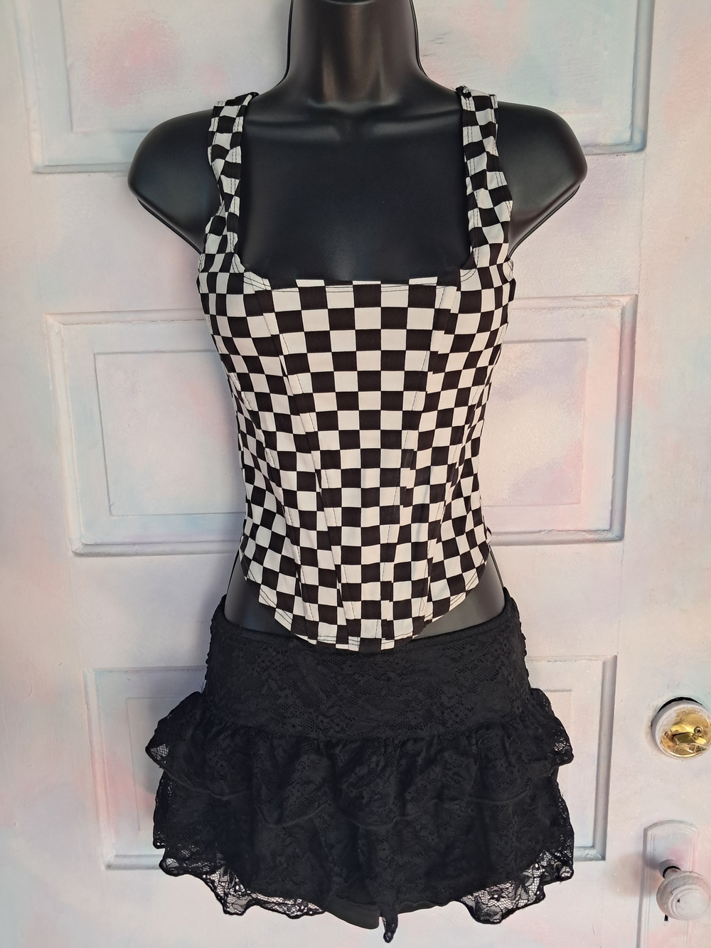 Checkerboard Punk Vibes Square Neck Crop Top With Corset Boning